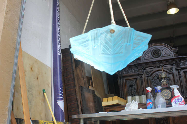 French Art Deco Baby Blue Art Glass Suspended Fixture, 1940's 3