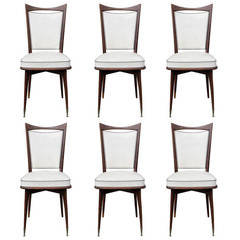 Set of Six French Art Deco Walnut Dining Chairs, circa 1940s