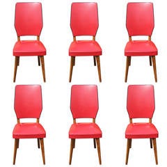 Set of Six French Art Deco Walnut Dining Chairs, circa 1940s