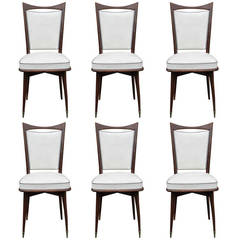 Set of Six French Art Deco Walnut Dining Chairs, circa 1940s