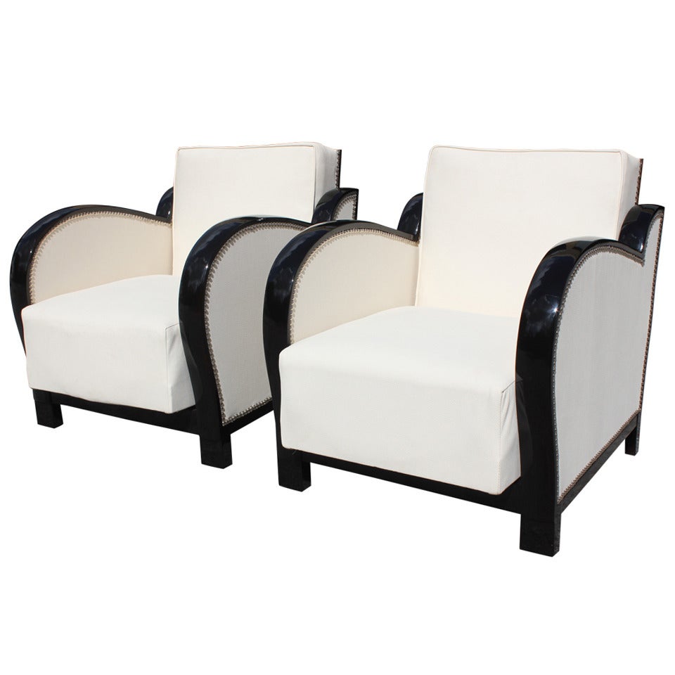 Pair of French Art Deco Curved Arm Speed-Style Reclining Club Chairs
