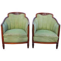 Pair French Art Deco Solid Carved Mahogany Club Chairs, circa 1940's