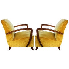 Pair French Art Deco Walnut Curved Arm Club Chairs, circa 1930's
