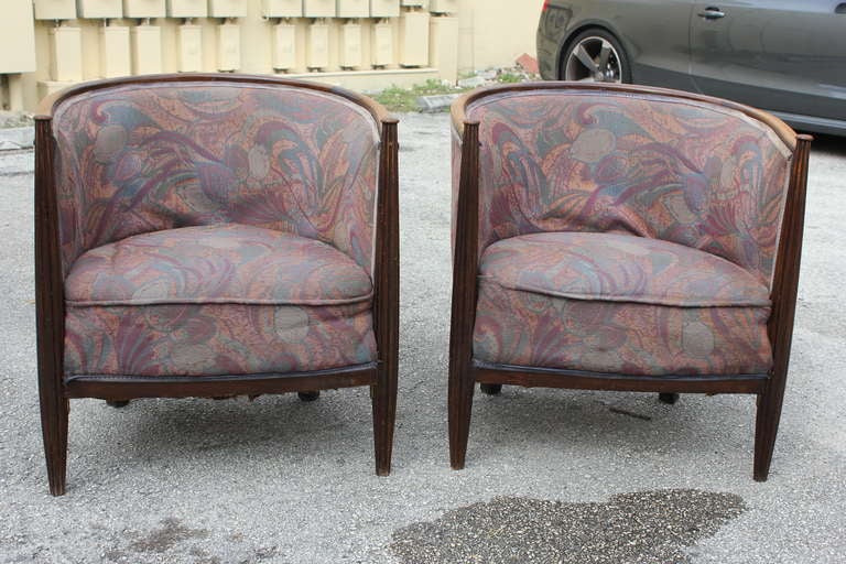 Pair French Art Deco Carved Walnut Club Chairs In Good Condition In Hialeah, FL