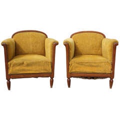 Pair French Art Deco Carved Mahogany Club Chairs, circa 1940's