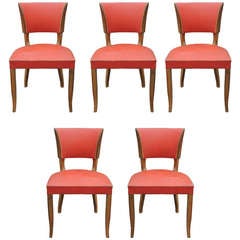 Set 5 French Art Deco Low Back Walnut Dining Chairs, circa 1940's