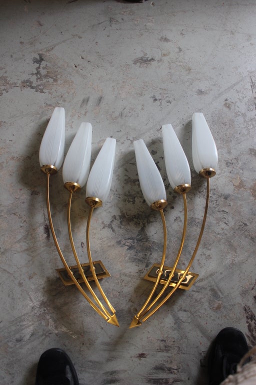 Pr. French Art Deco Long, Elegant Flower Sconces