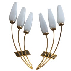 Pr. French Art Deco Long, Elegant Flower Sconces
