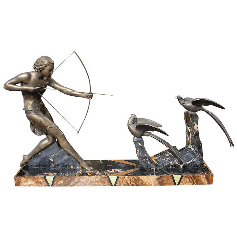 French Art Deco Patinated Metal Sculpture of Diana the Huntress by