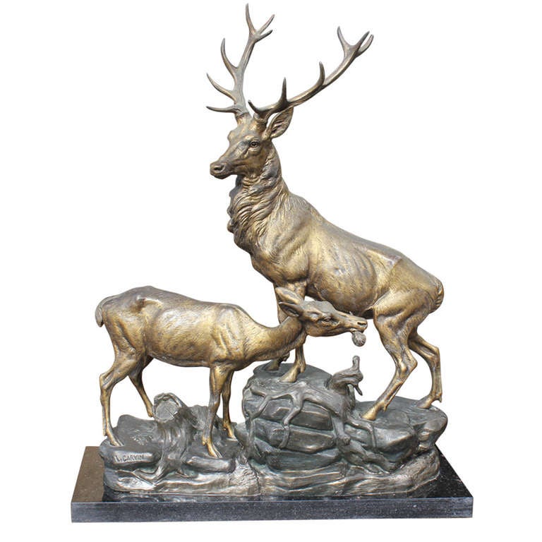Large French Art Deco Patinated Metal Sculpture of Deer by Carvin at