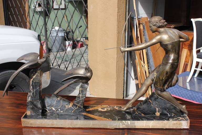 French Art Deco Patinated Metal Sculpture of Diana the Huntress by