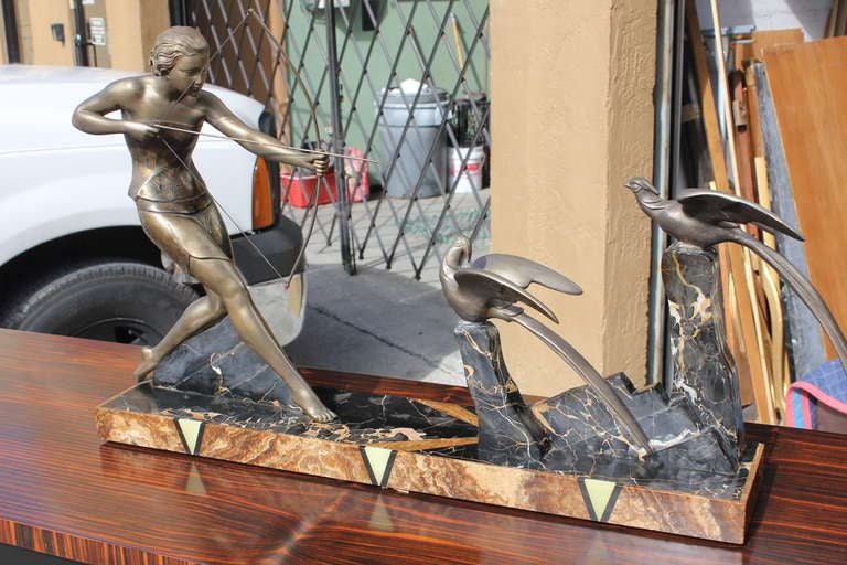French Art Deco Patinated Metal Sculpture of Diana the Huntress by