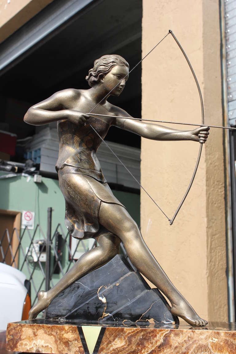 French Art Deco Patinated Metal Sculpture of Diana the Huntress by