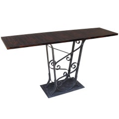 French Art Deco Macassar Ebony Console Table, Scrolled Iron Base