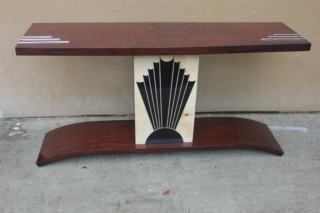 French Art Deco Console Table, Palisander, Sunray Detail, Nickel Baguette
