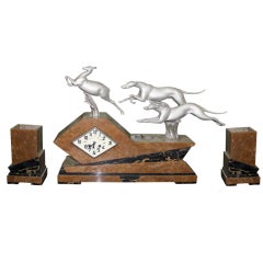 French Art Deco Leaping Deer Clock Garniture Set