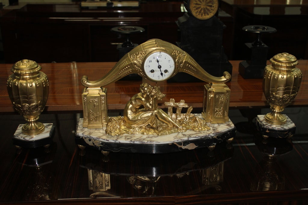 French Art Deco Gilt Clock Garniture Set Signed Limousin