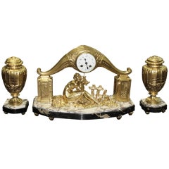 French Art Deco Gilt Clock Garniture Set Signed Limousin
