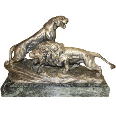 French Art Deco Sculpture of Panther and Lion by Cartier