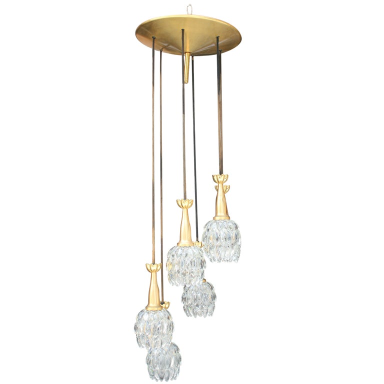 French Art Deco 6 Light Heavy Bronze Dropping Flower Chandelier at 1stdibs