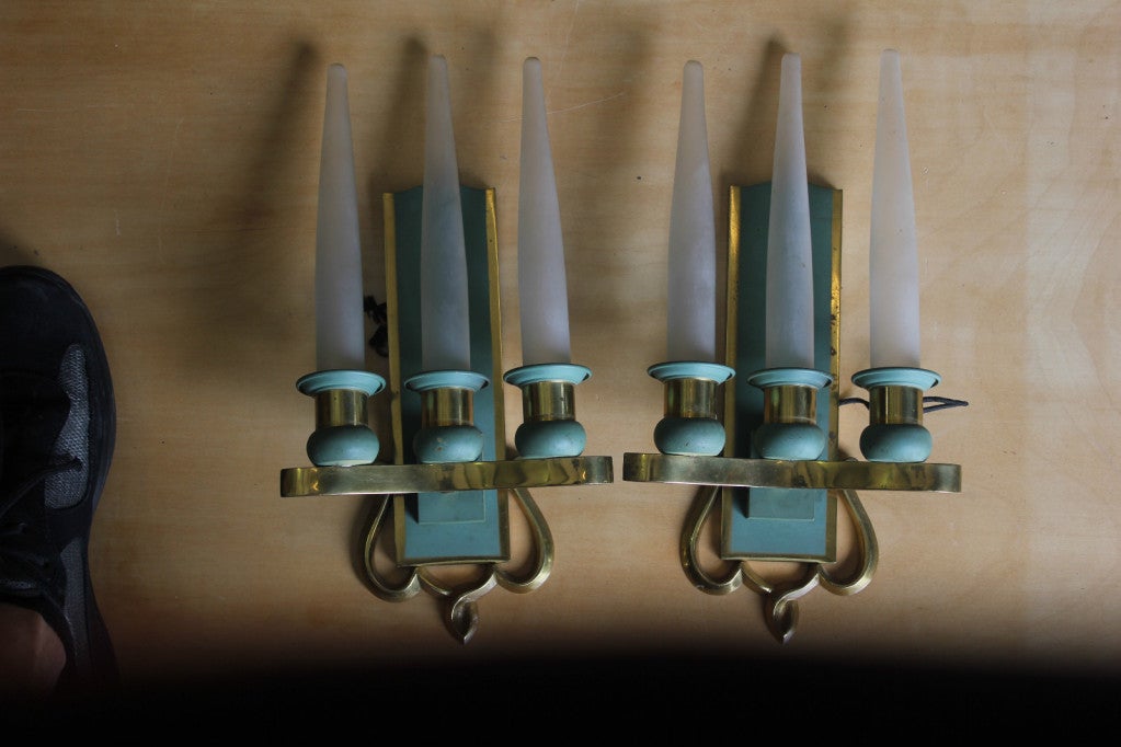 Mid-20th Century Pair French Art Deco Glass Candle Sconces