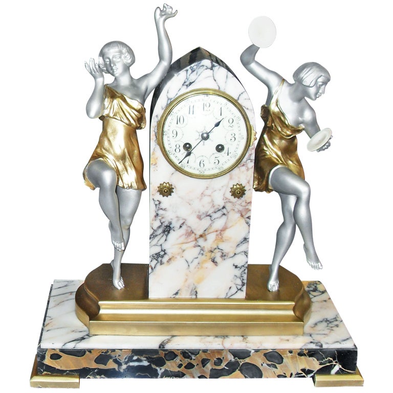 French Art Deco Period Sculpture Clock "Flapper Girls"