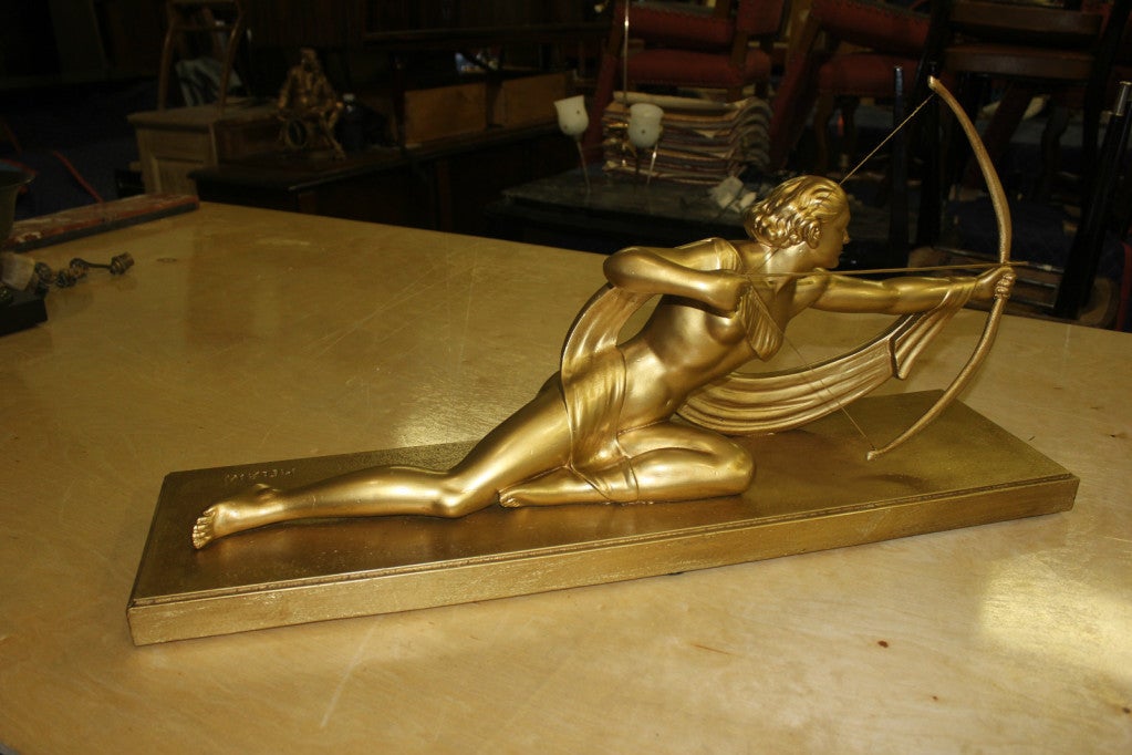 French Art Deco Gilt Plaster Sculpture of Diana the Huntress signed by 