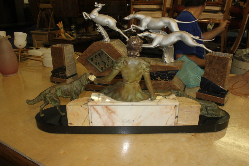 Mid-20th Century French Art Deco Lady and Dogs Sculpture, Metal, Marble