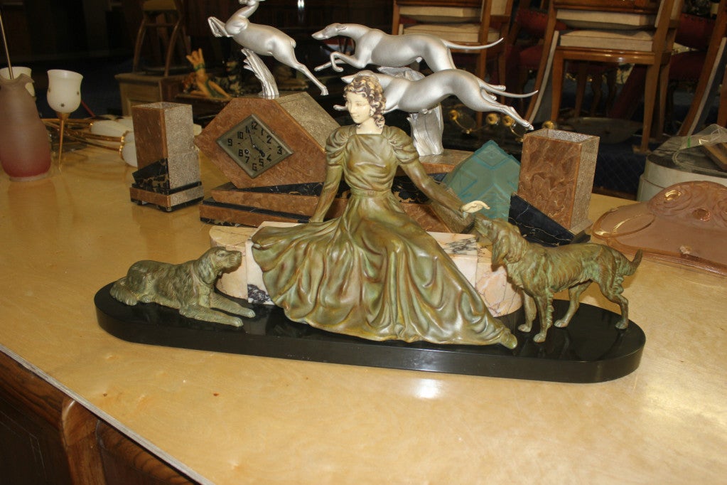 French Art Deco Lady and Dogs Sculpture, Metal, Marble 1