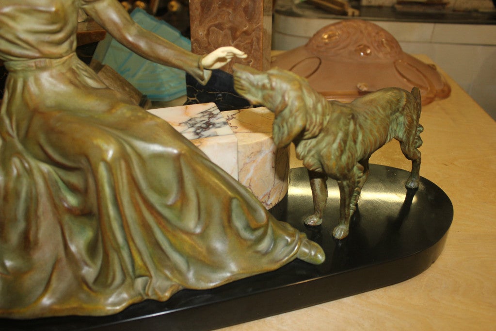 French Art Deco Lady and Dogs Sculpture, Metal, Marble 2