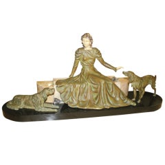 French Art Deco Lady and Dogs Sculpture, Metal, Marble