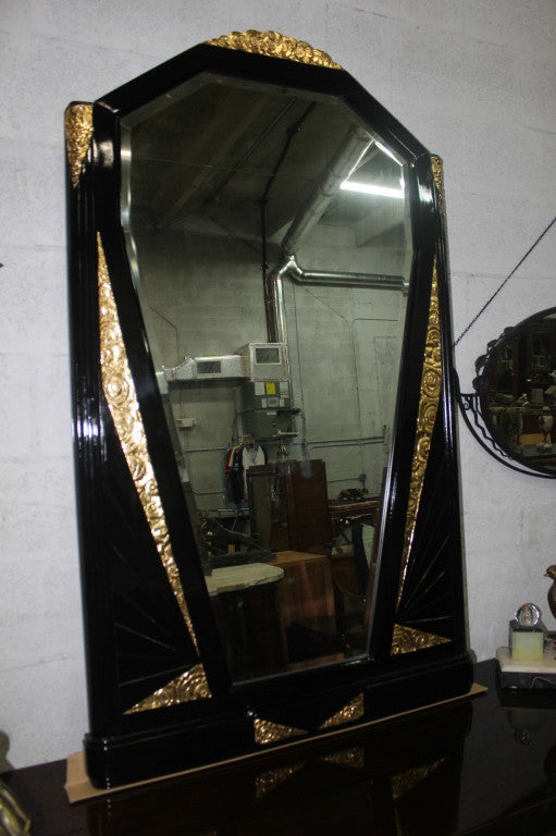 French Art Deco Black Lacquered/ Carved Giltwood Mirror, Sunray Design on Sides, Floral Relief.