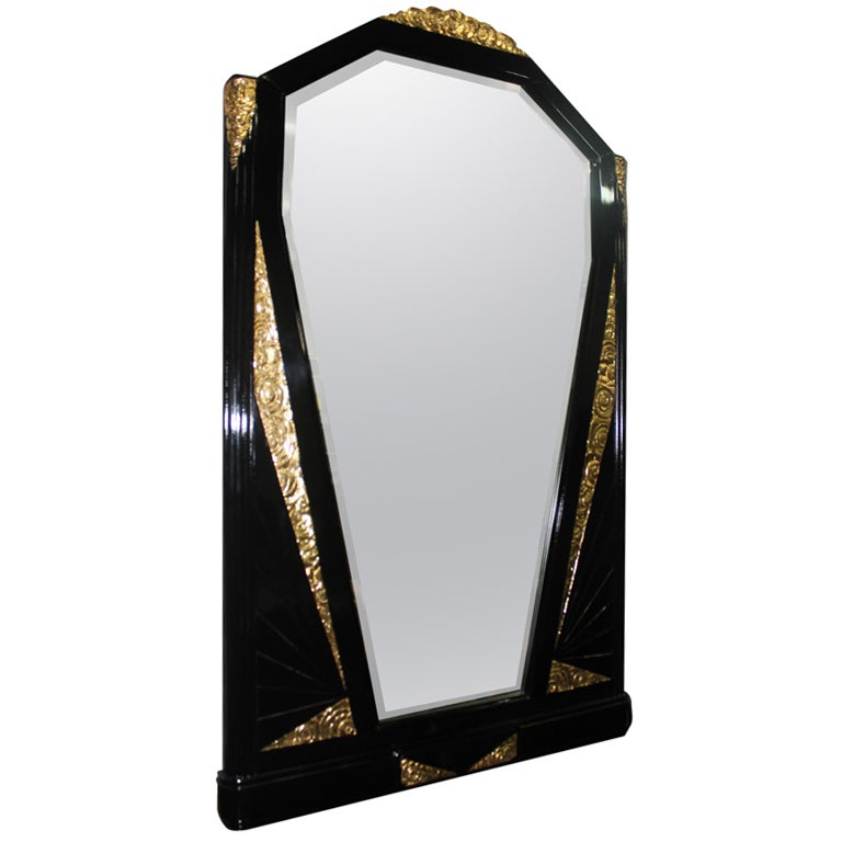 French Art Deco Black Lacquered/ Carved Giltwood Large Mirror