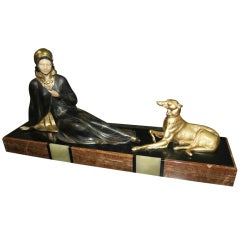 French Art Deco Sculpture Deco Lady and Dog sig. Menneville
