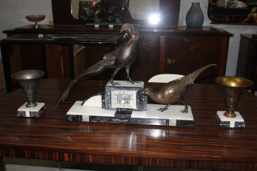 Huge French Art Deco Clock Garniture Set - Birds