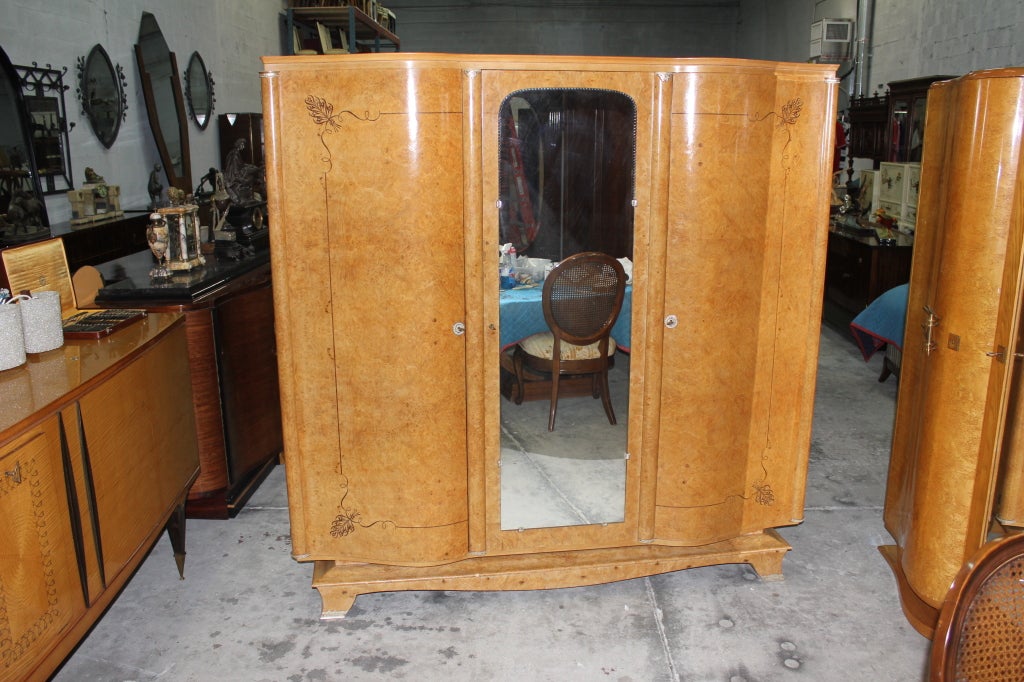 French Art Deco Bur Maple Armoire/ Wardrobe, Interior Finished in Mahogany. Stunning Inlay with Ivory Accents.