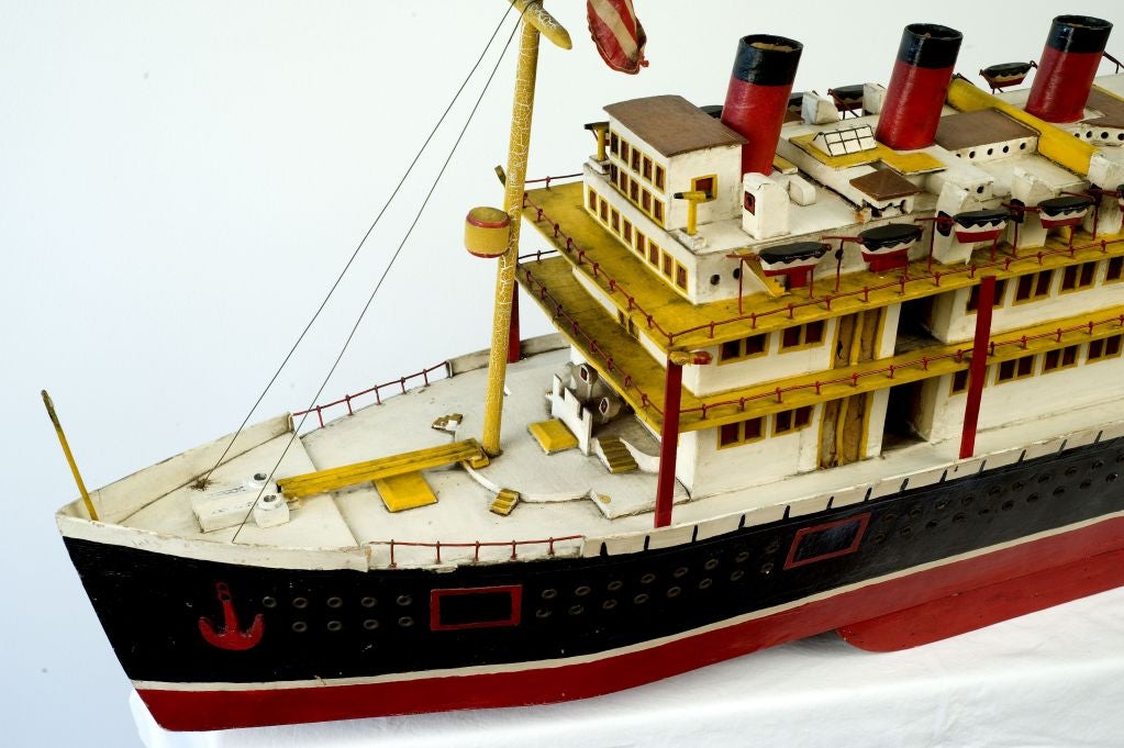 American Ocean Liner
circa 1940
wood, polychrome and metal
Most likey used as a ship builders model.
Delicate craftmanship.