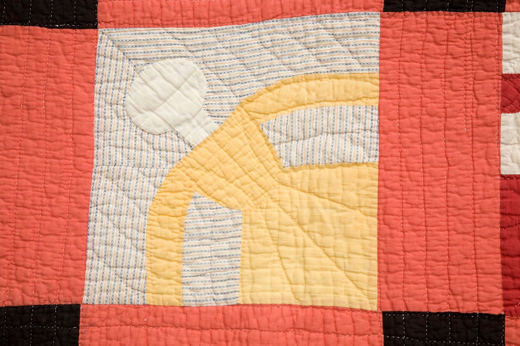 Twirling Girls Graphic Quilt<br />
Southern Georgia.<br />
African American.<br />
Pieced cottons.<br />
Unusual graphic block quilt with strong black centers. <br />
Silhouettes of girls pinwheel from centers. <br />
Black binding repaired on