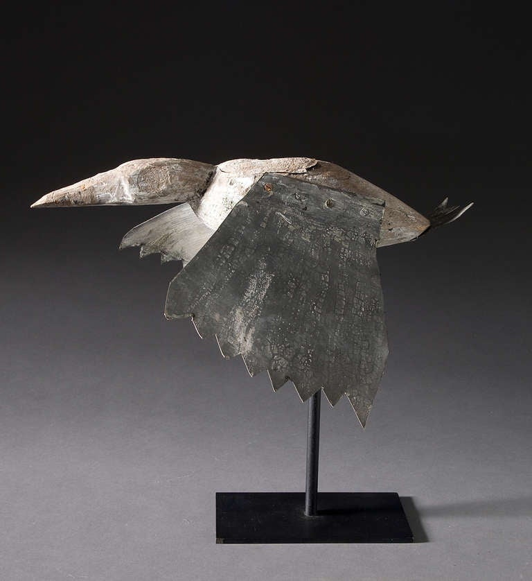 Early 20th century.
Carved bird (duck) with sheet metal wings and tail.
Original polychrome.
Custom stand.