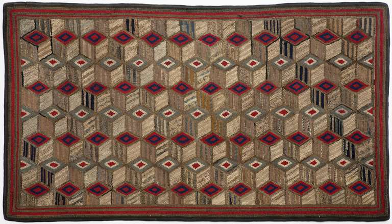 1895 Tumbling Blocks Pattern Hooked Rug
