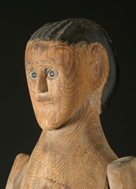 Male Mannequin
Circa 1920
Carved pine with traces of original polychrome.
Jointed arms and hands. Possibly a trade sign.
Base is painted like a barrel.
Ex Mendelsohn Collection