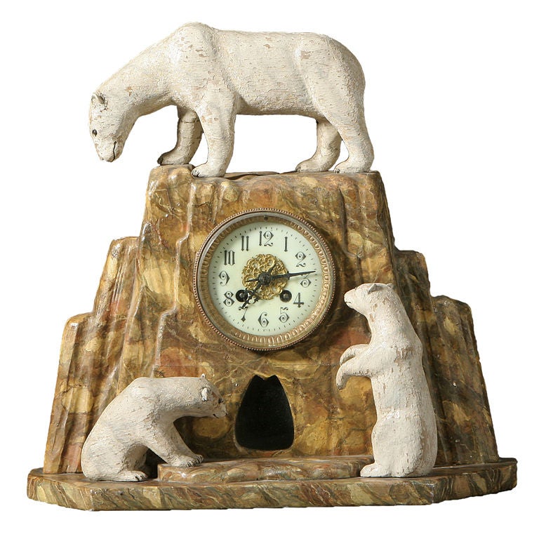 Faux Marblized Polar Bear Clock and Penguin Vases For Sale