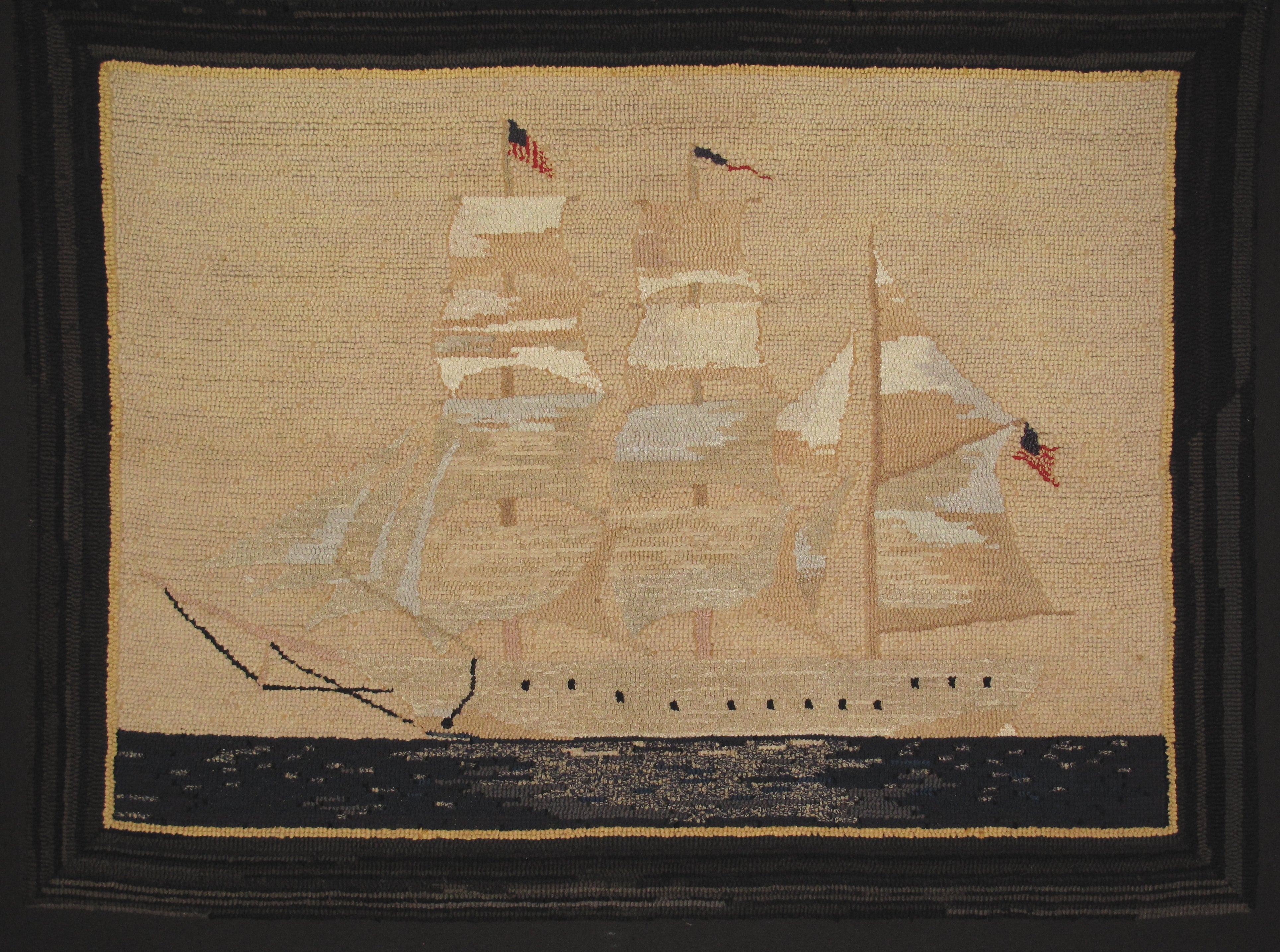 1920's American Ghost Ship Hooked Rug