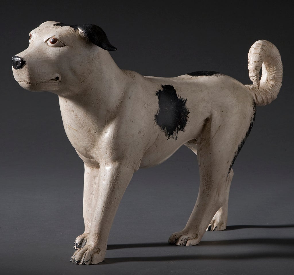 Mid-Century
Fiberglass with original polychrome.
Cute white doggie with black spots.