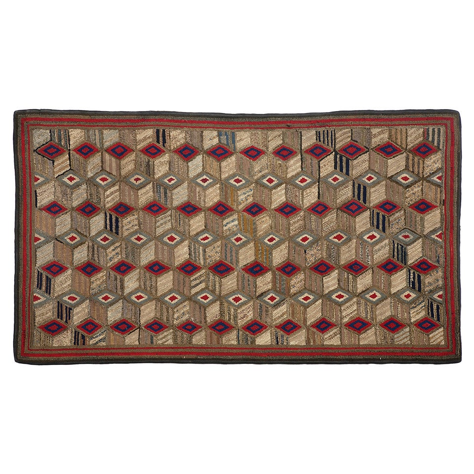 1895 Tumbling Blocks Pattern Hooked Rug For Sale