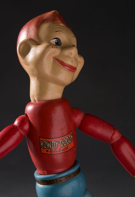 Circa 1950
Wood, plastic and polychrome.
Jointed figure with Howdy Doody screened on chest by Bob Smith.
Manufactured by Art Quality Cameo Dolls.