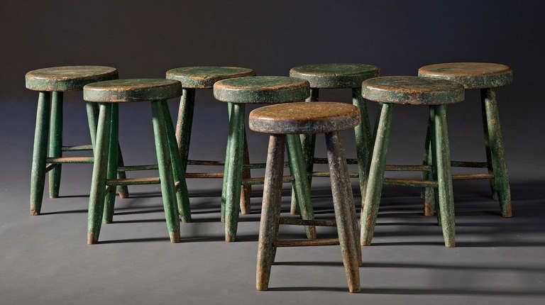 19th century
Pine with original green paint.
Some repair on one stool.
Set of Eight.