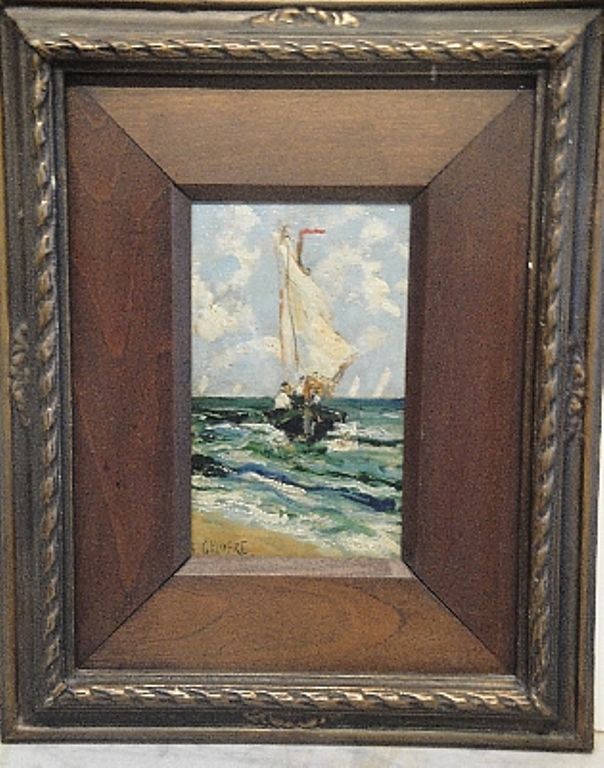 Framed Oil on panel of boat sailing to beach. Signed             B Galofre bottom left hand corner