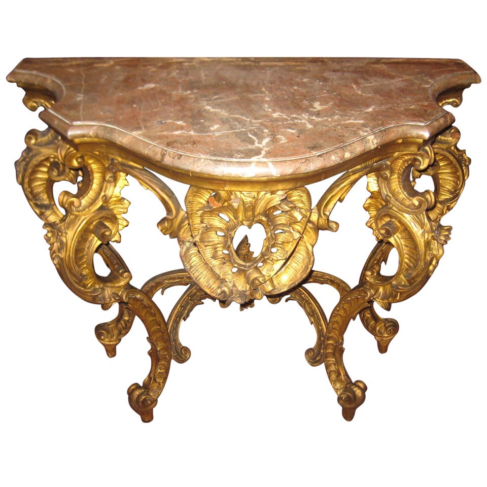 18th/19th Century Louis XV Carved Giltwood Marble Top Console Table