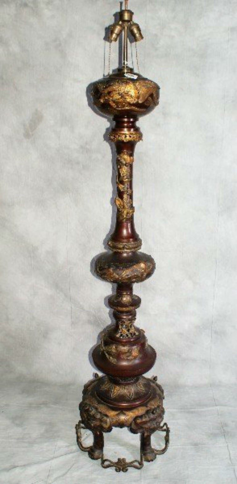 Fine Japanese Meiji Period patinated and parcel gilt bronze floor lamp